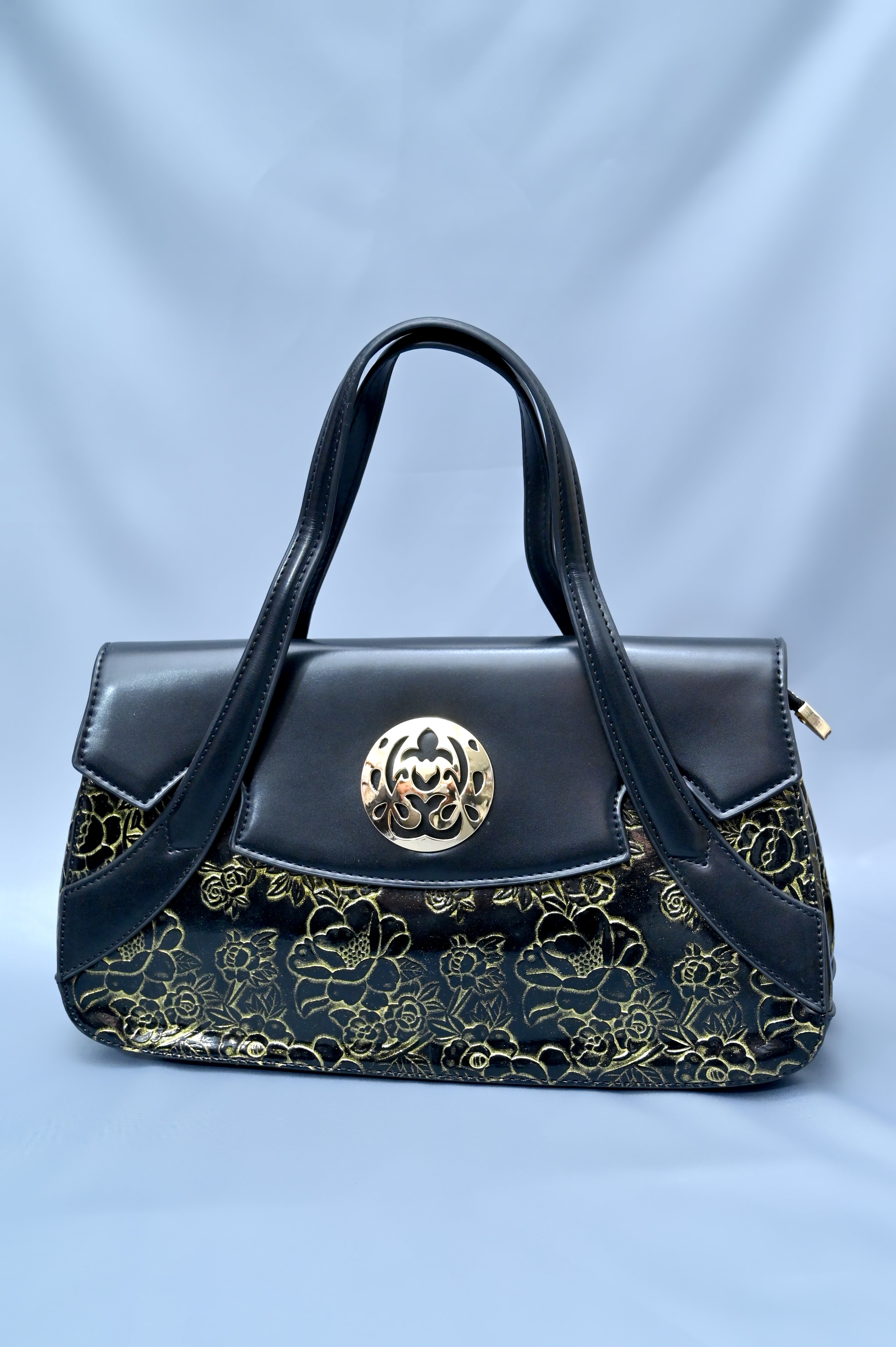 Luxury Black Handbag with Golden Floral Embroidery