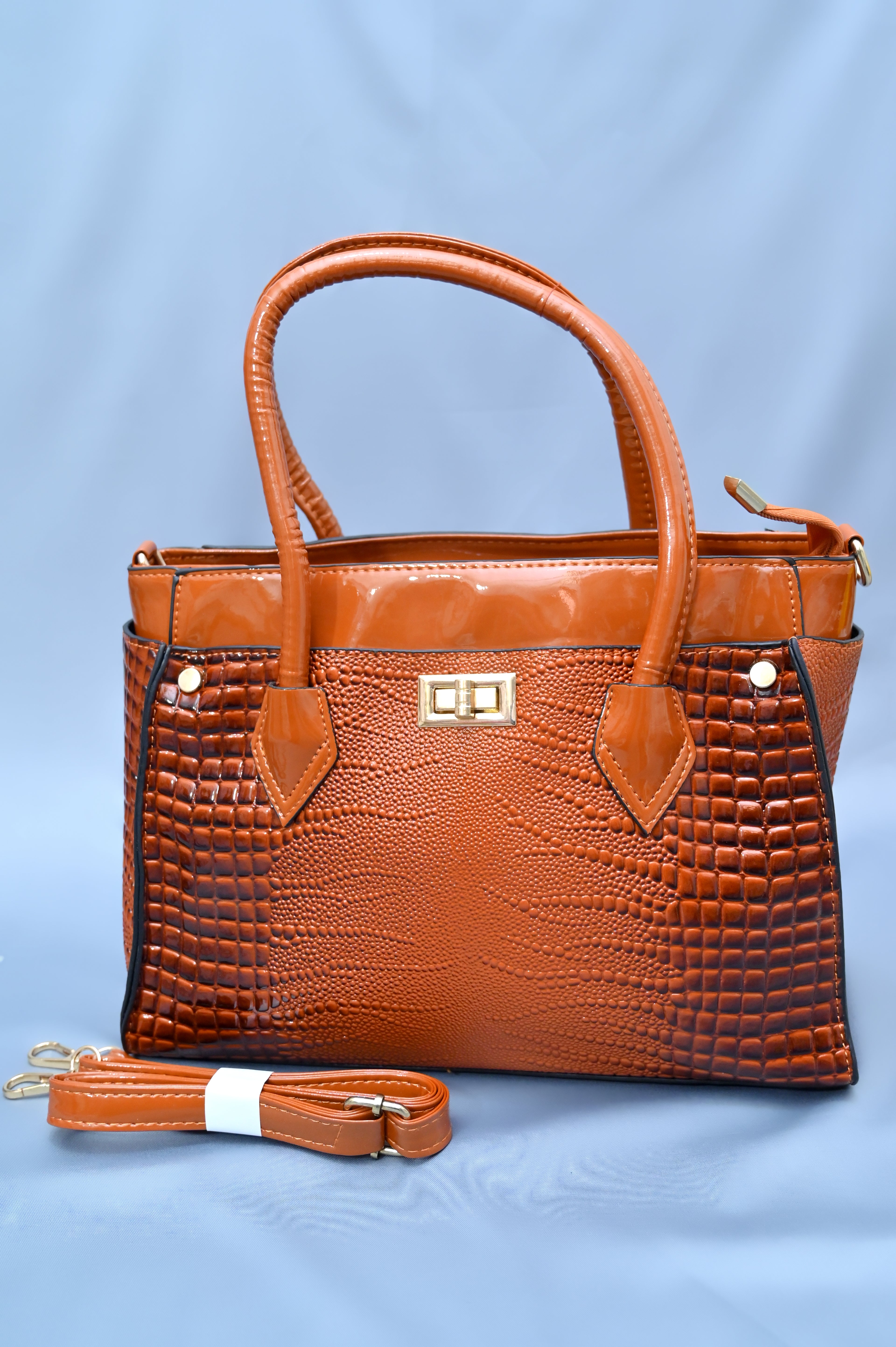 Tan/Orange 🧡 Patent Croc-Embossed Structured Tote Bag