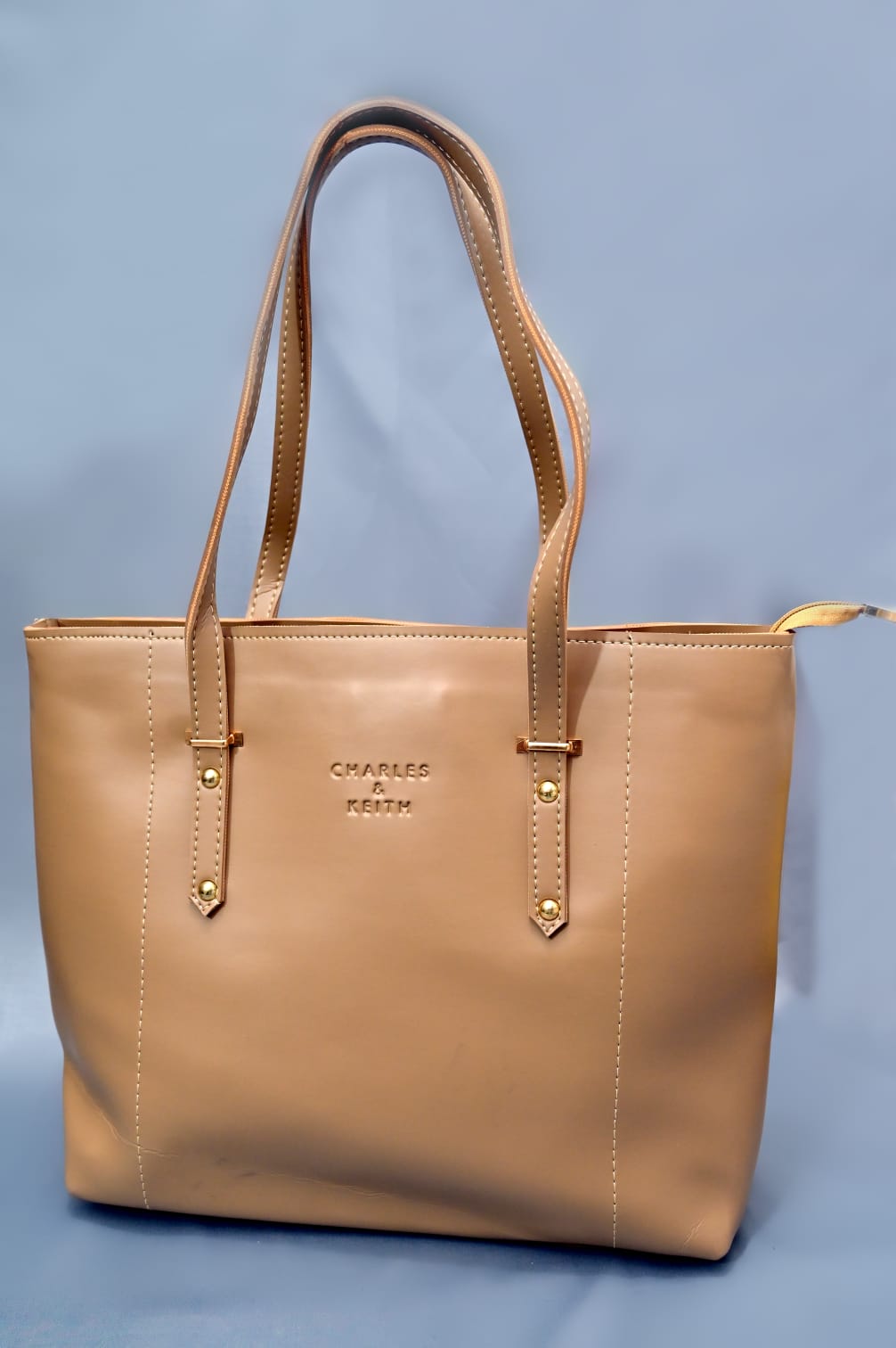 Charles & Keith Camel Faux Leather Minimalist Open-Top Tote Bag