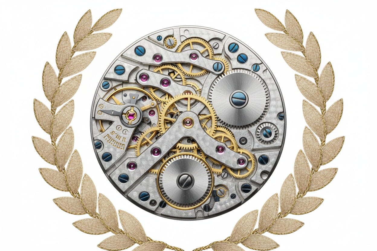 A close-up circular frame filled with metallic gears and mechanical watch movements in gold and steel tones. 
The circle is surrounded by a soft beige laurel wreath, symbolizing prestige, heritage, and excellence. 
The style reflects craftsmanship, precision, and the inner beauty of timekeeping. 
Background should remain clean and minimal white to emphasize the mechanical elegance.