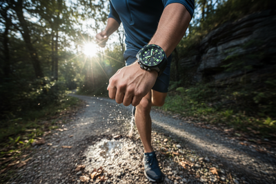 Create a bold, athletic lifestyle image for Sport Watches Collection.
Show the sport watch worn on a person’s wrist or hand in an active pose — running stance, outdoors grip, gym angle, or adventure shot.
Highlight rugged features: durable strap, sporty dial, waterproof build, strong profile.
Use an energetic background such as outdoor nature trails, gym environment, rock surface, running track, or metallic industrial textures.
Lighting should be high contrast, powerful, intense — representing strength and 