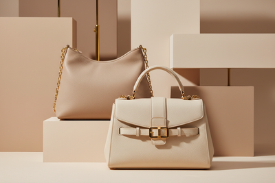 Create a high-end product display image for Ladies Bags Collection.
Show one or more elegant handbags in focus, studio-lit, with soft shadows and refined highlights.
Use a minimal, premium background in beige/cream/soft nude tones.
Add subtle gold accents for a luxury feel.
The image must feel feminine, stylish, premium and modern.
No text in the image