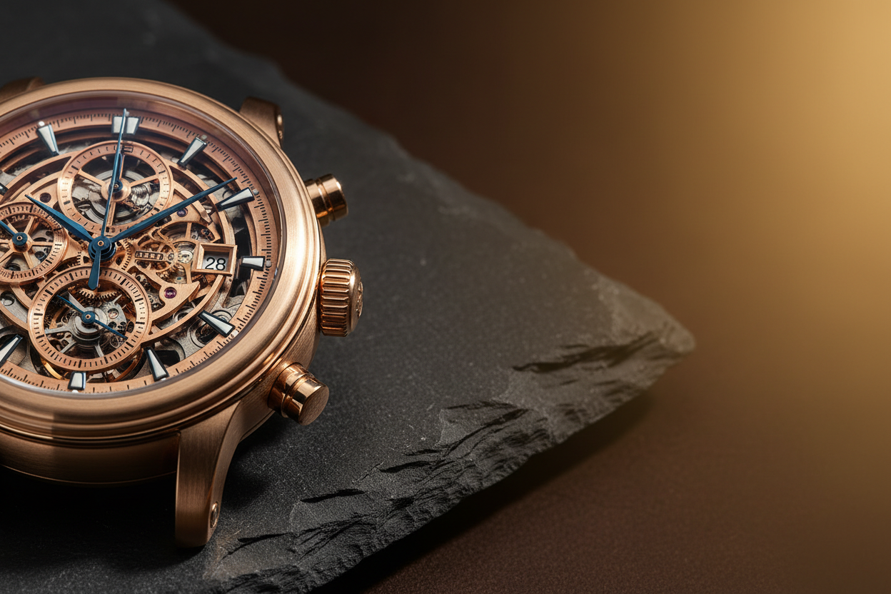 Create a premium luxury watch banner image. The left side should feature a close-up macro shot of a high-end wristwatch placed on a textured surface.
The watch should have a metallic body with detailed mechanical elements visible inside the dial gears, date window, chronograph hands, and depth in structure.Use warm, gold-bronze tones with soft shadows and rich contrast to highlight craftsmanship. Lighting should be dramatic yet refined, No text in the image.