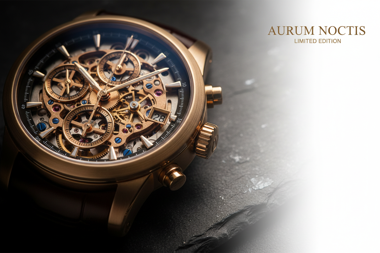 Create a premium luxury watch banner image. The left side should feature a close-up macro shot of a high-end wristwatch placed on a textured surface.
The watch should have a metallic body with detailed mechanical elements visible inside the dial—gears, date window, chronograph hands, and depth in structure.Use warm, gold-bronze tones with soft shadows and rich contrast to highlight craftsmanship.Lighting should be dramaticyet refined, with a dark vignette on the left gradually fading into white on the right
