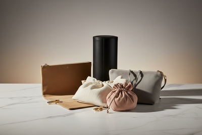 Generate a classy product showcase image for Pouches Collection.
Feature one or multiple leather/fabric pouches arranged aesthetically.
Minimal background, smooth gradient or marble surface.
Neutral luxury colors — black, tan, ivory, or pastel.
Keep the mood elegant, clean, and boutique-style.
No text included.