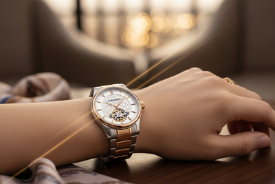 Show the wristwatch being worn on a person’s hand or wrist in a classy and natural pose.
Focus on the watch face, dial detailing, and metal strap reflections.
Background should be beautiful, soft, and elegant — options like blurred cityscape, marble surface, wooden table, luxury fabric, or bokeh light background.
Lighting must be premium with soft highlights that enhance the watch’s shine and craftsmanship.
Mood: timeless, classy, modern, luxury lifestyle.
No text in the image.